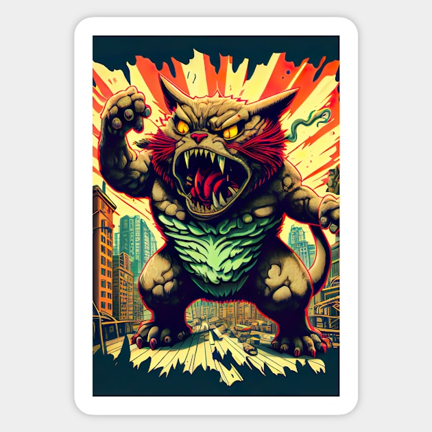 Giant Monster Cat attacking the city Sticker by KoolArtDistrict